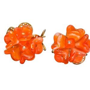 Rare! Judith McCann Mid-Century Modern Orange Glass Flower Wingback Earrings